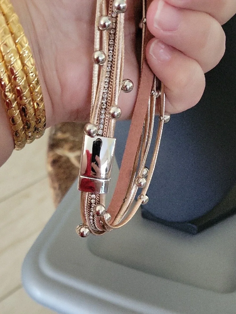 Multi-Strand Metallic Bead Layered Bracelet- Rose Gold & Silver